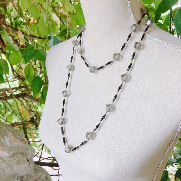 VTG West Germany 46" Smoky Gray Faceted Plastic Bead Necklace Glass Box Clasp - Picture 5 of 11